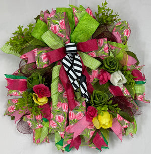 Pink Tulip Spring Wreath | Handmade Floral Front Door Wreath | Farmhouse Garden Door Hanger | Everyday Spring Home Decor