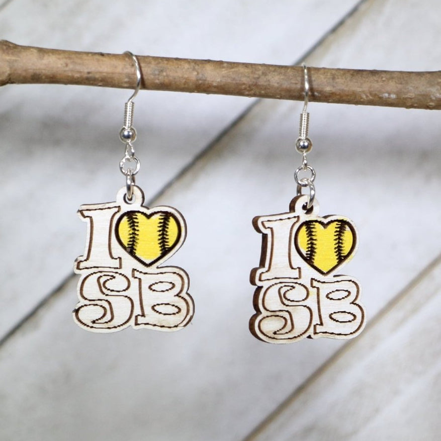 I Love Softball Wooden Earrings | Softball Mom Sports Jewelry