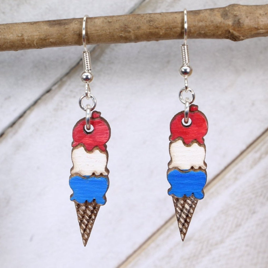 Ice Cream Cone Wooden Dangle Earrings | Sweet Treat Jewelry