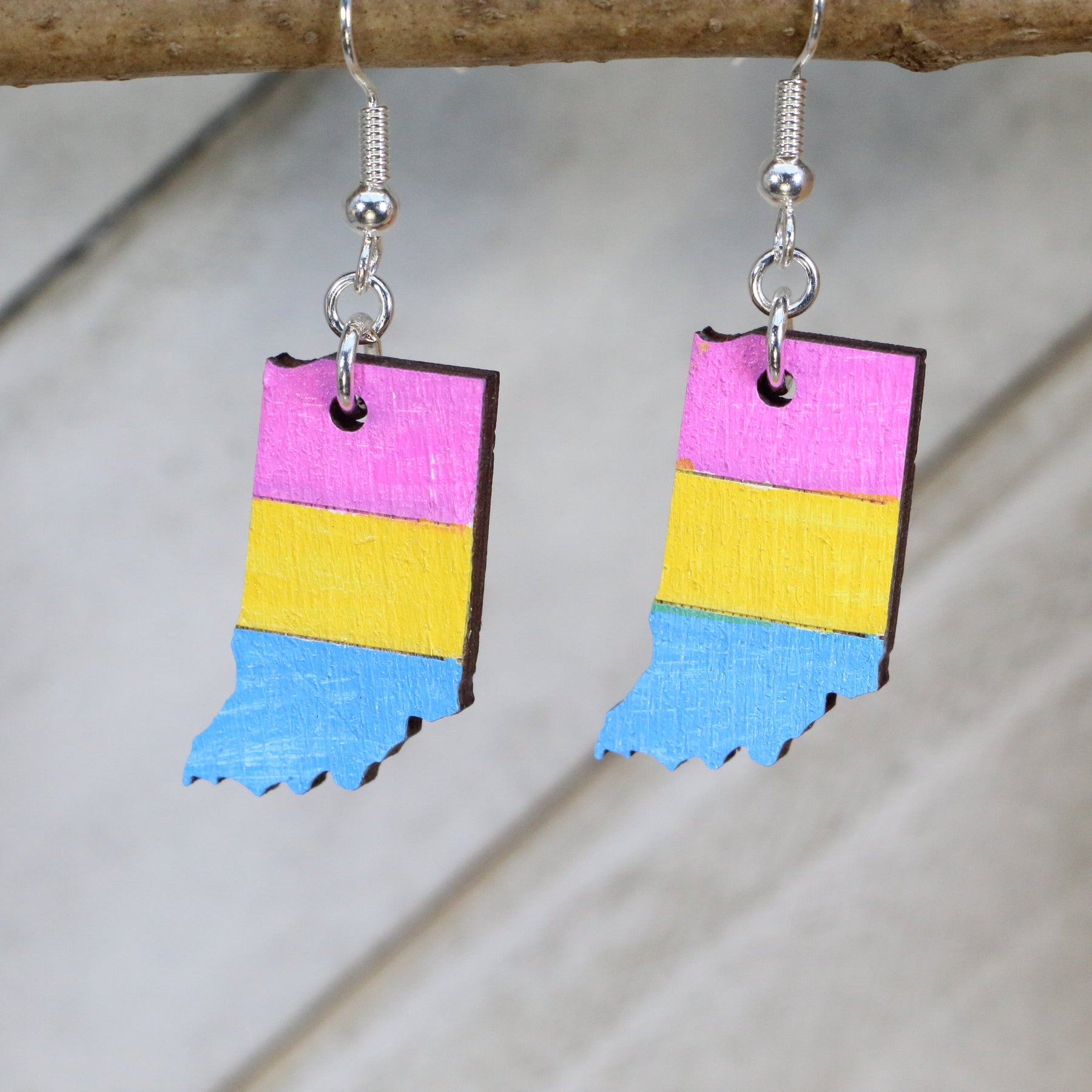 Indiana Pansexual Pride Flag Wooden Dangle Earrings | LGBTQ State Pride Jewelry