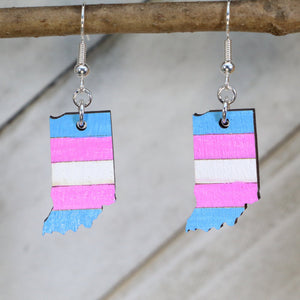 Indiana Transgender Pride Flag Wooden Dangle Earrings | LGBTQ State Pride Jewelry