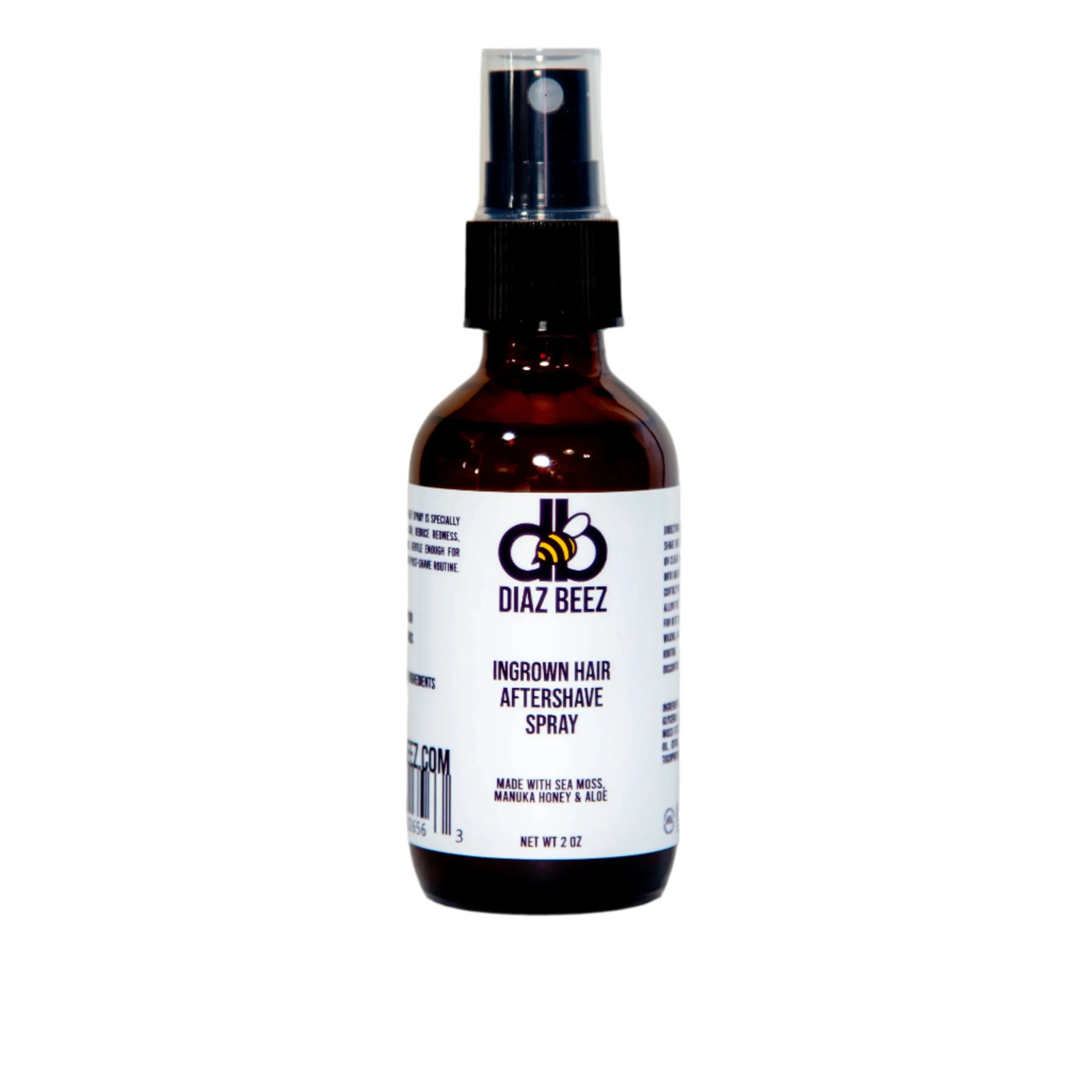 Diaz Beez Ingrown Hair Aftershave Spray bottle with clear cap and product label visible.