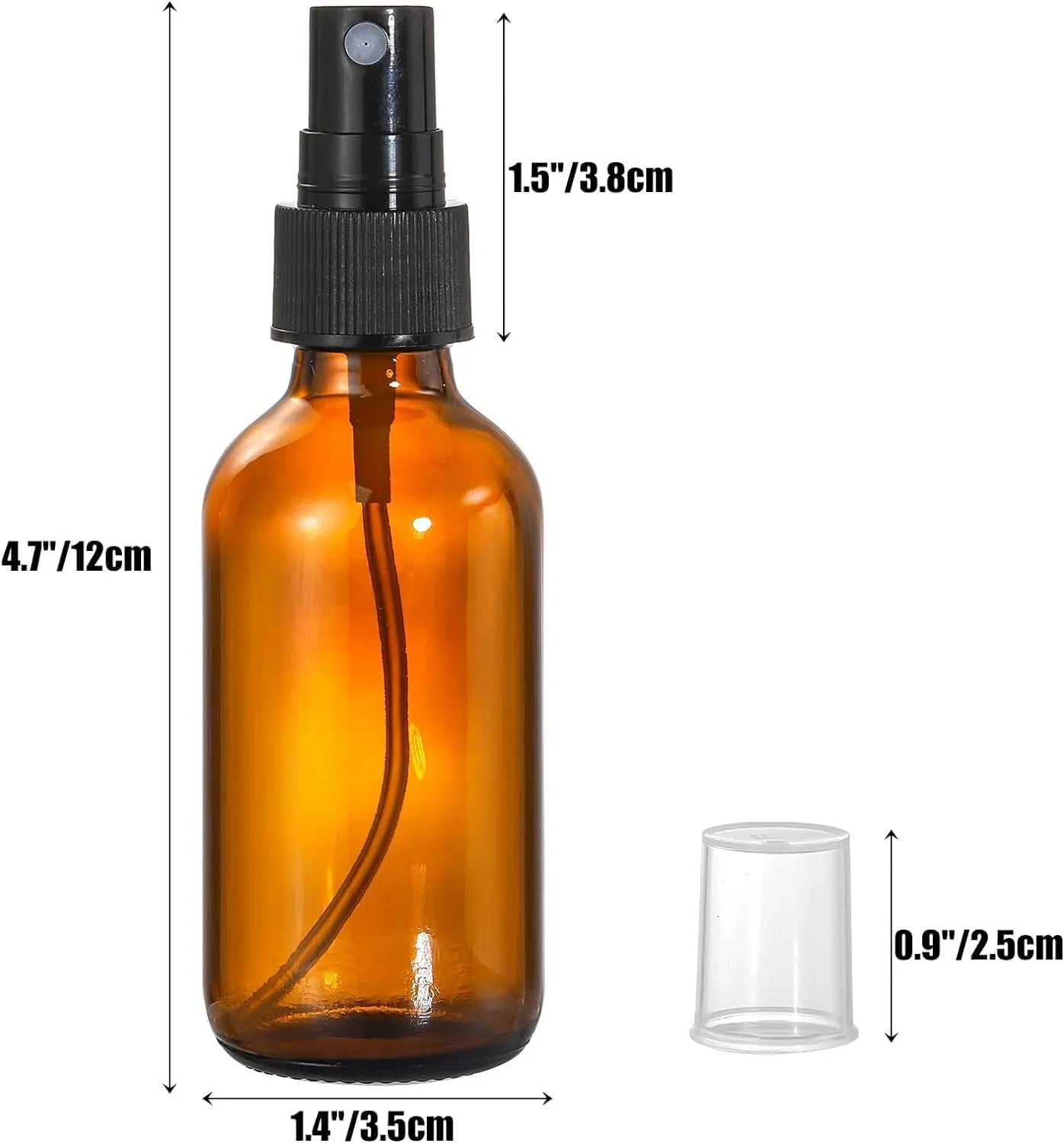 Amber glass spray bottle with black sprayer and clear cap dimensions: 4.7 in height, 1.4 in width. 