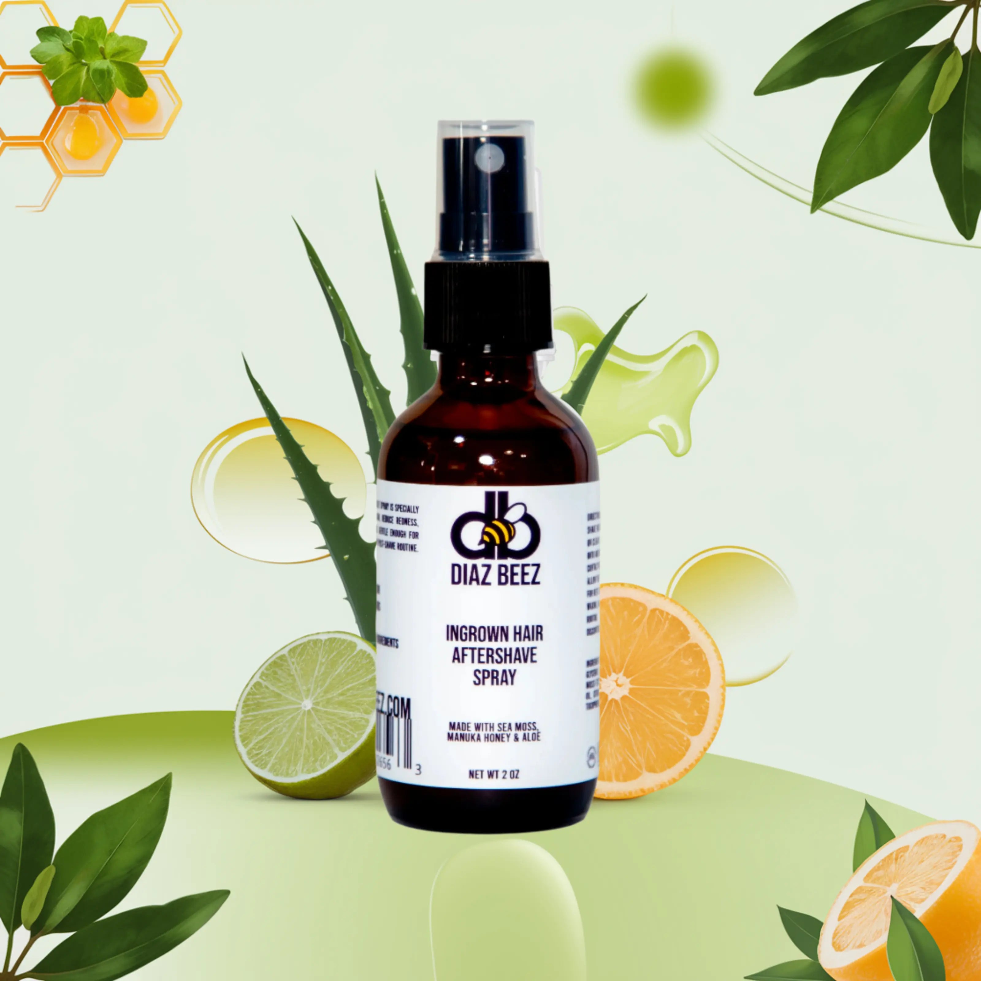 Diaz Beez Ingrown Hair Aftershave Spray with citrus and aloe on a light background.