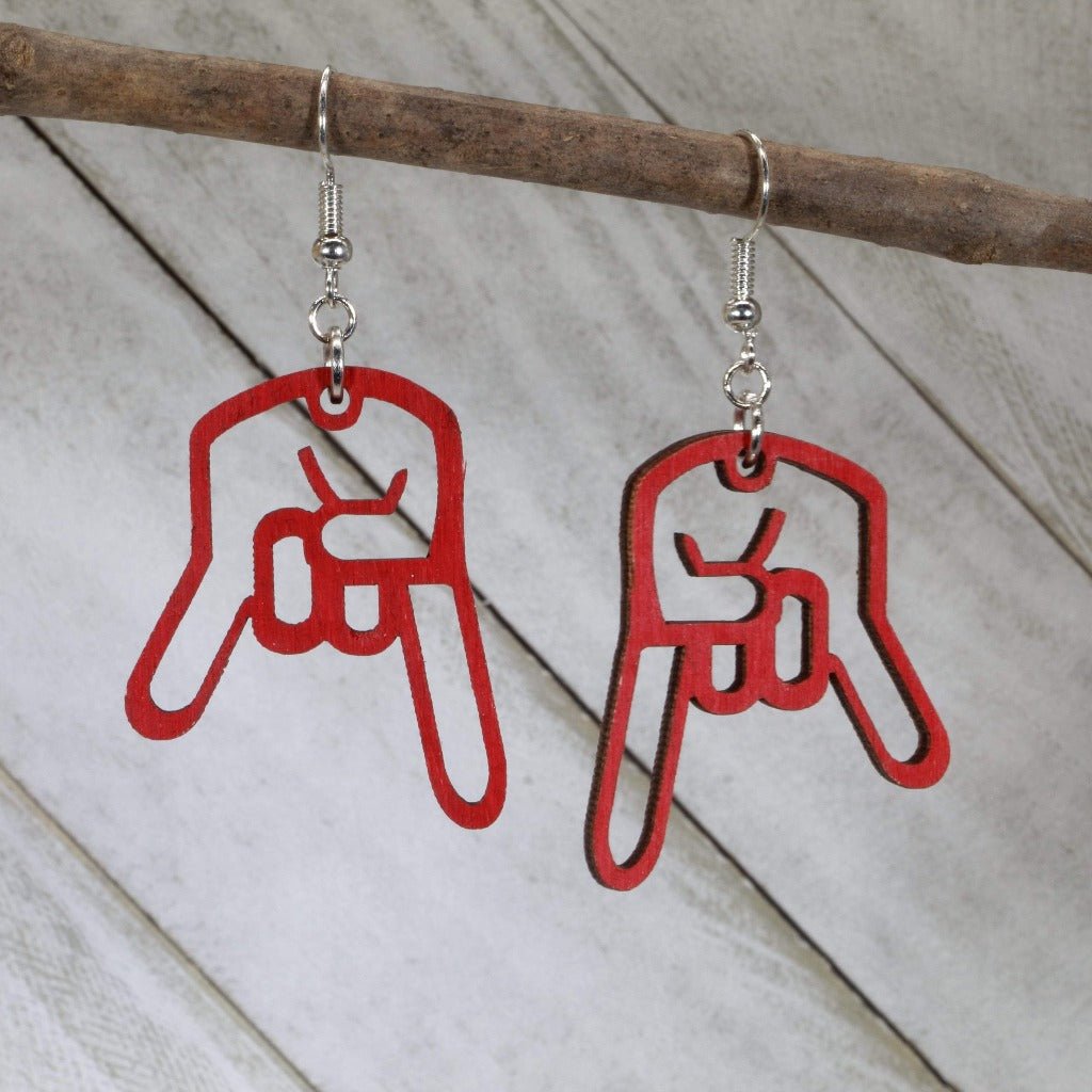 Inverted Hand Sign Wooden Dangle Earrings | Rock Gesture Jewelry by Cate's Concepts, LLC, handmade jewelry main product photo
