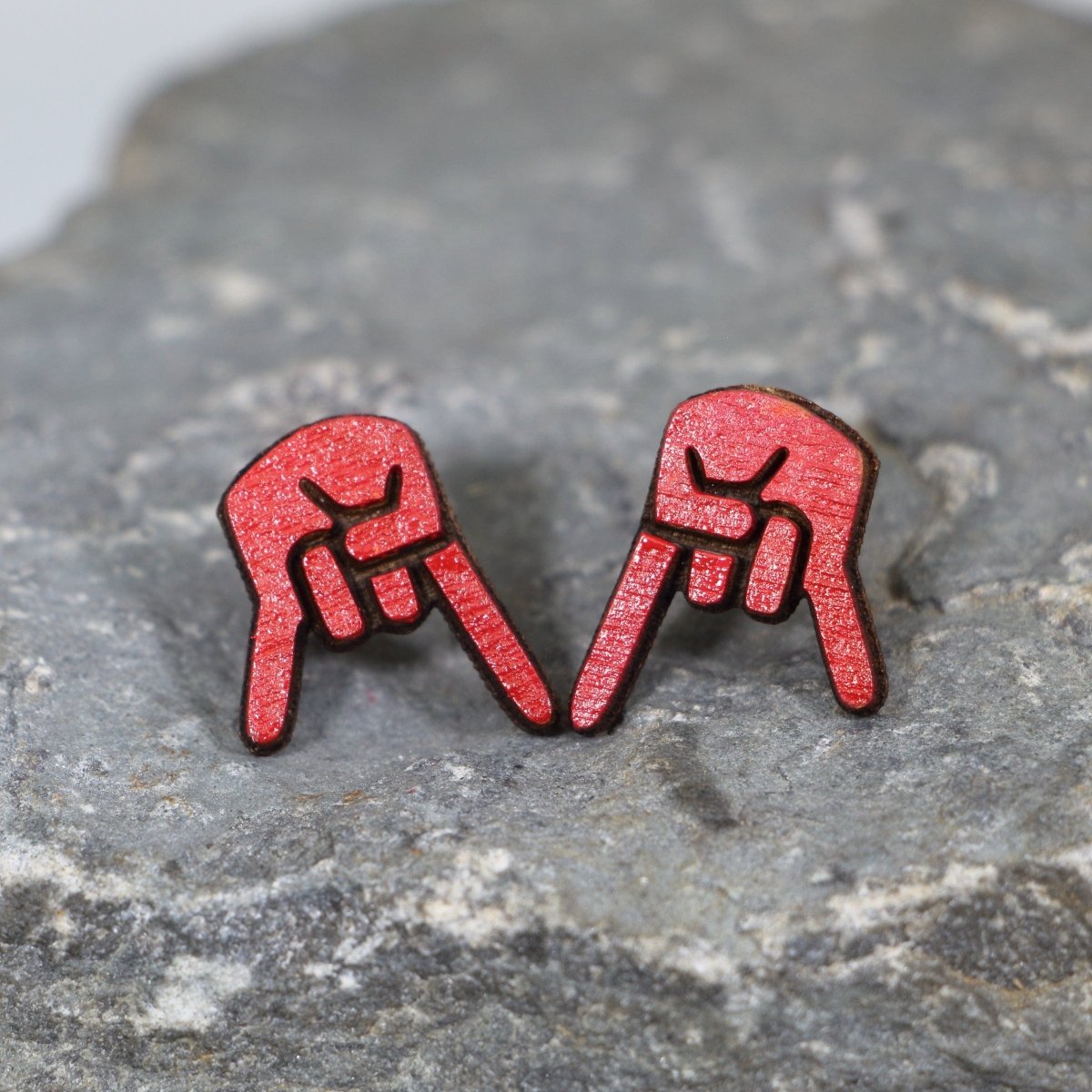 Inverted Hand Sign Wooden Stud Earrings | Rock Gesture Jewelry