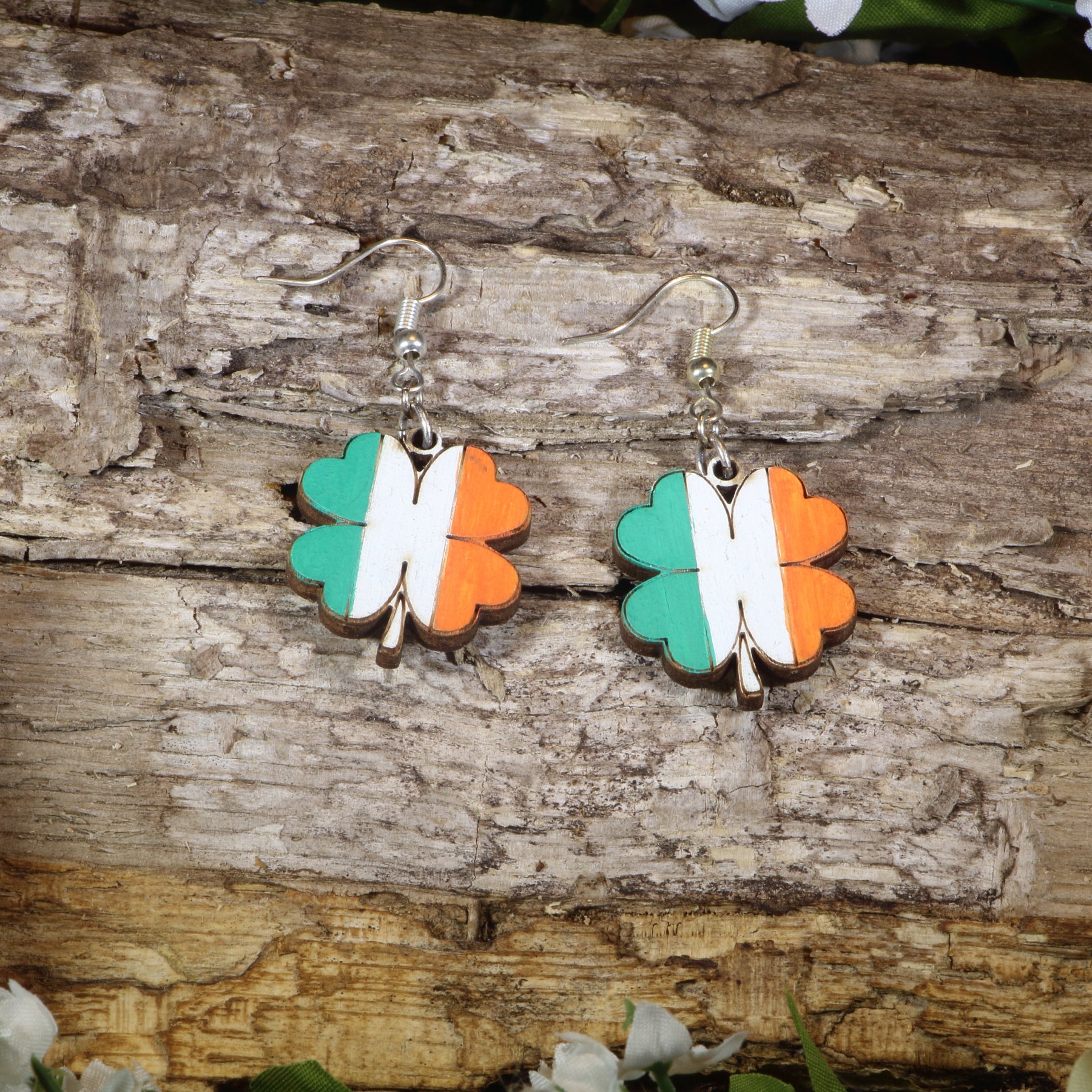 Irish Flag Four Leaf Clover Wooden Dangle Earrings | St Patrick’s Day Jewelry
