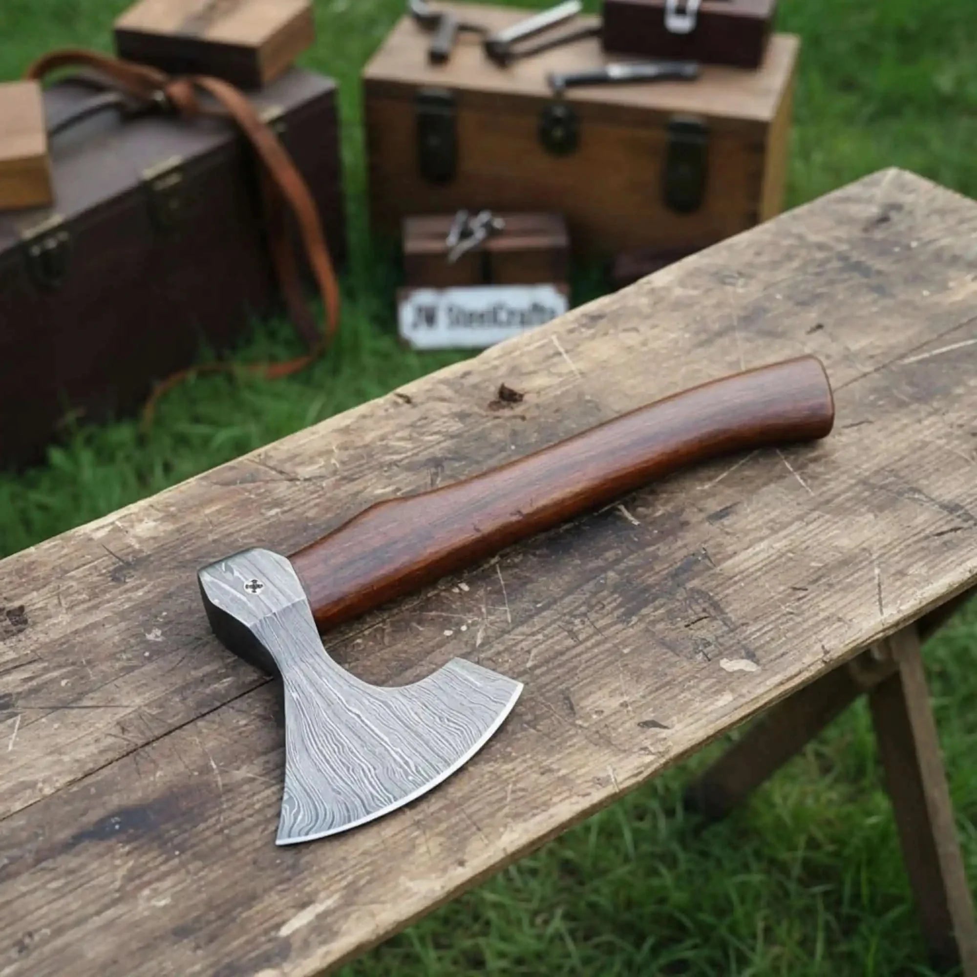 Field Ready Camping Axe, Artisan Pattern Steel Blade, Balanced Wood Handle by JW SteelCrafts, Southern lifestyle apparel detail photo 2