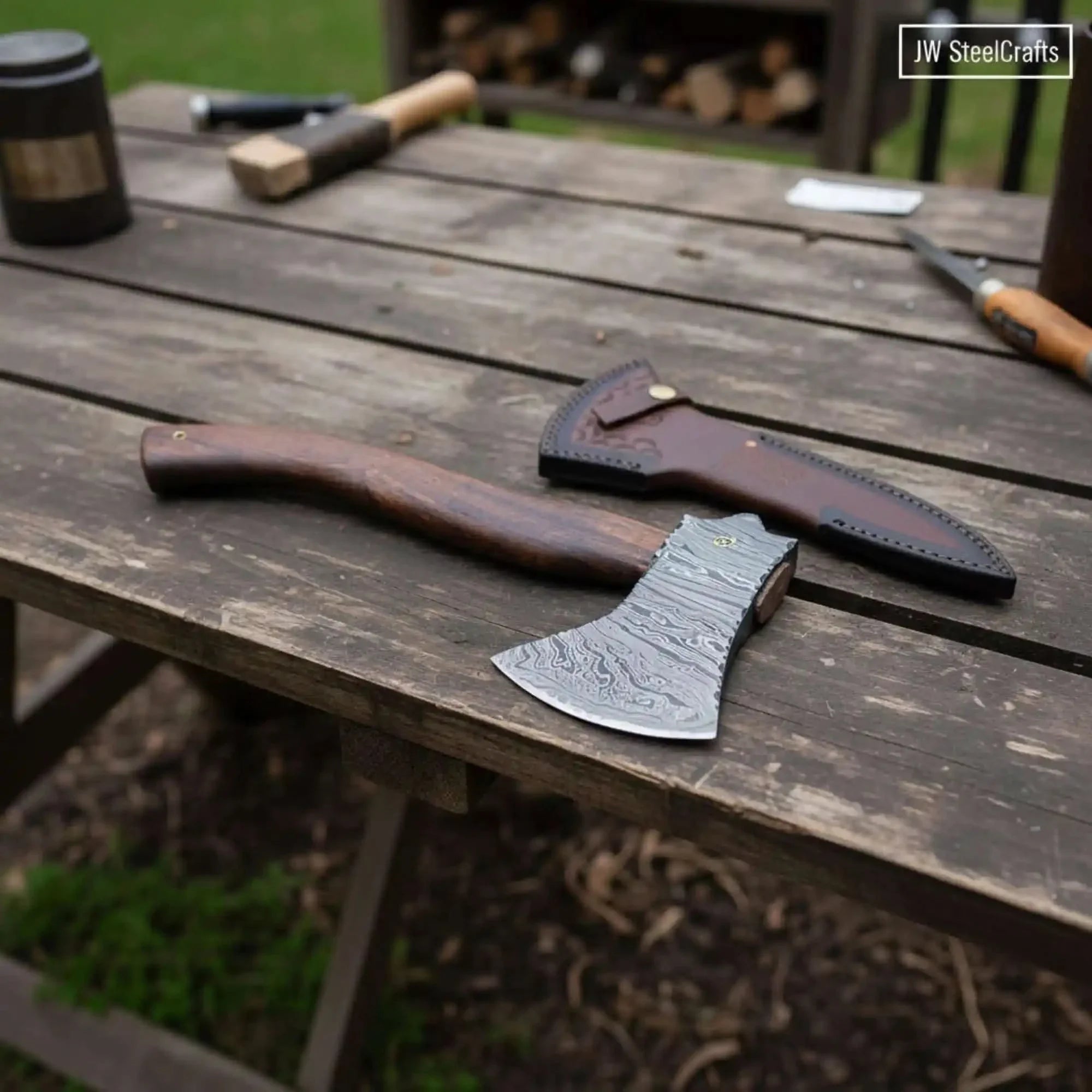 Hand Forged Damascus Bearded Camp Axe | Curved Hardwood Handle | JW SteelCrafts by JW SteelCrafts, Southern lifestyle apparel main product photo