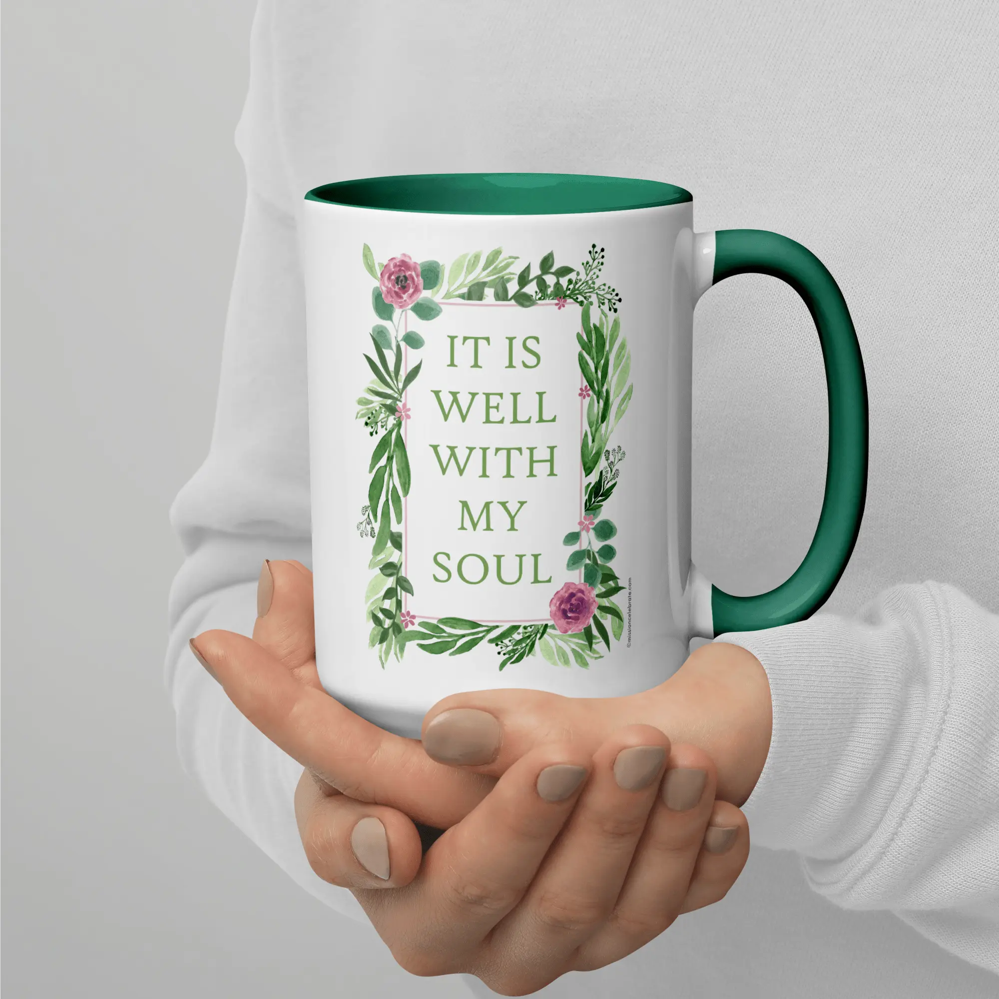 It Is Well With My Soul Mug - Floral Ceramic Coffee Cup with Green Accents - Main Street Collective