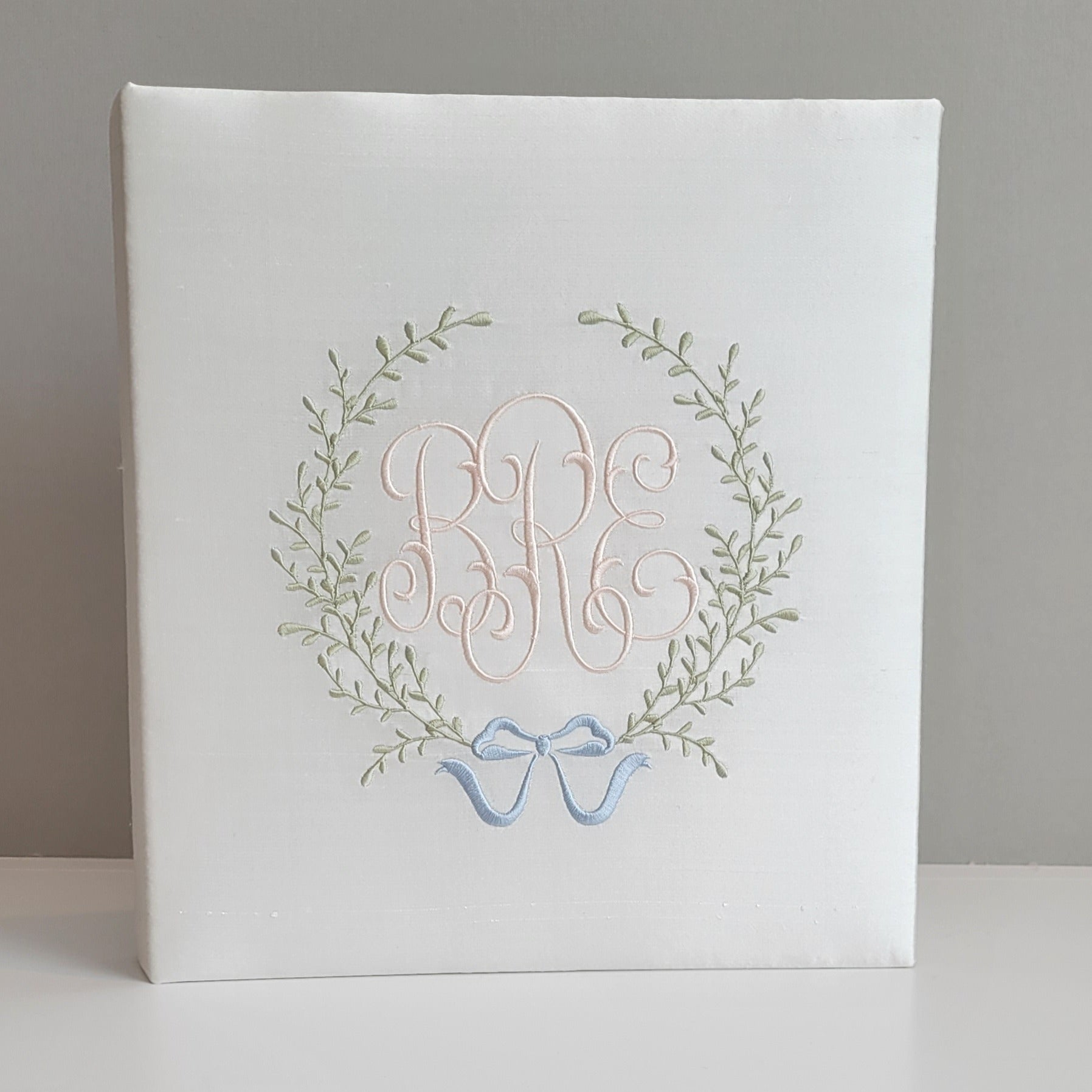 Ivory silk handmade baby memory book with accent detail by AP Creations