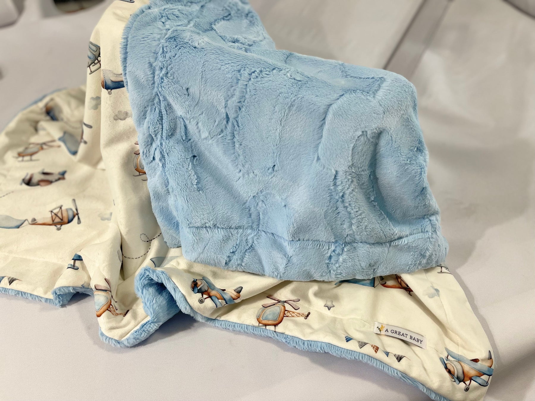 Jeff the Pilot Personalized Airplane Minky Baby Blanket by AGreatBaby — view 12 of 12