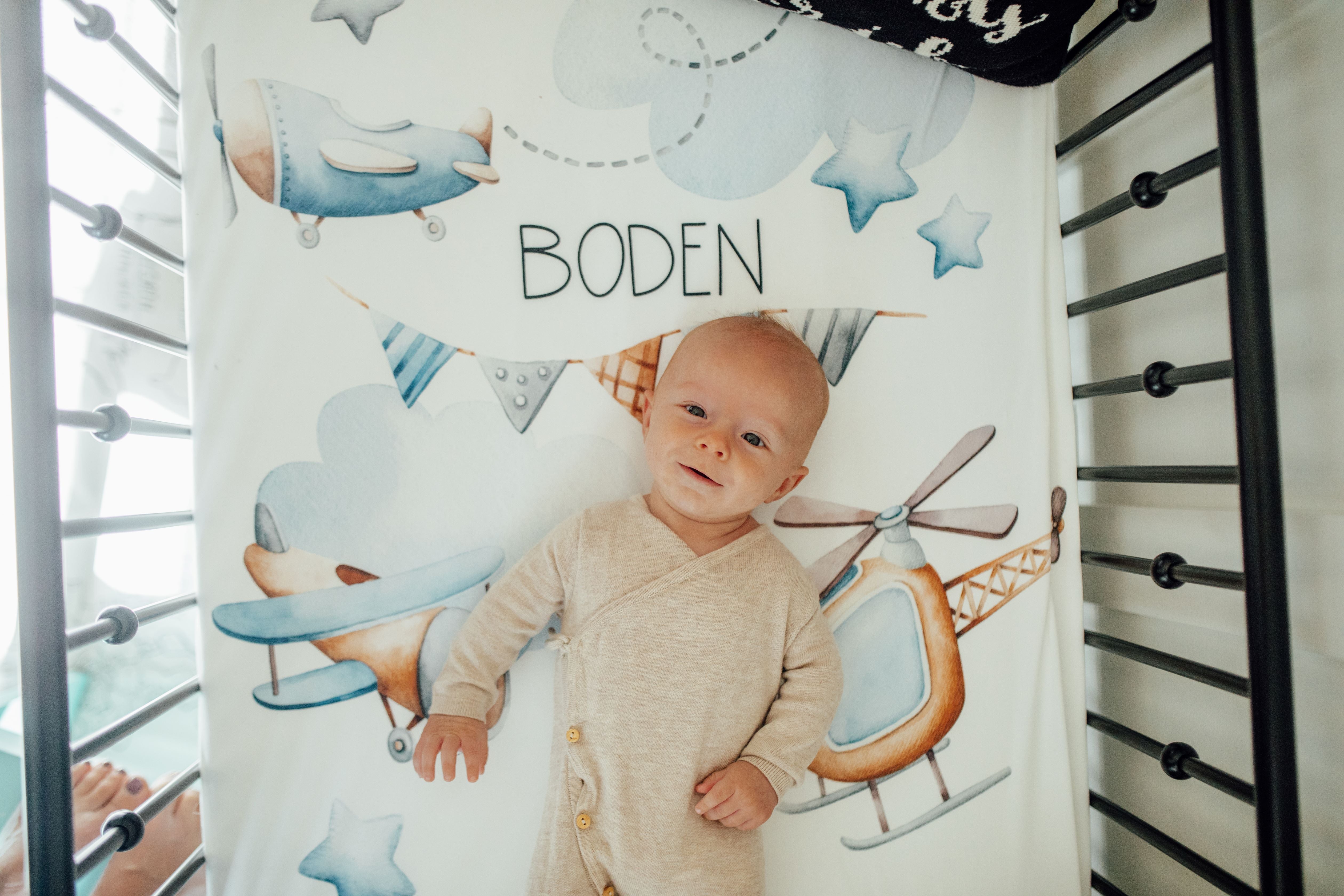 Jeff the Pilot Personalized Airplane Crib Sheet by AGreatBaby — view 2 of 4