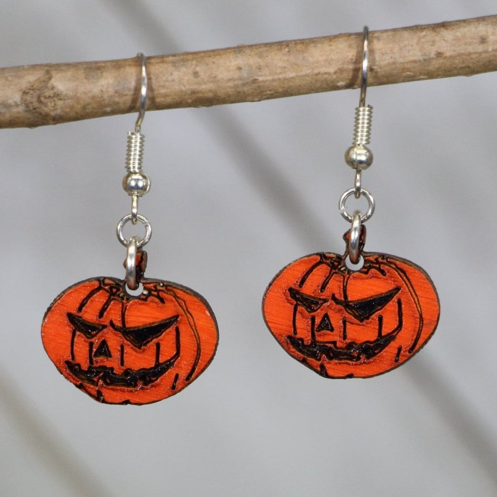 Jack-O-Lantern Wooden Dangle Earrings | Halloween Spooky Jewelry detail view by Cate's Concepts, LLC