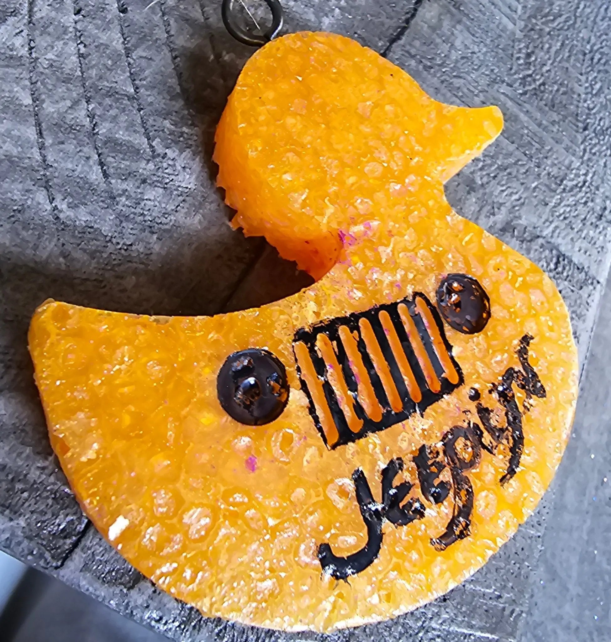 Handmade Jeep Duck Car Air Freshener: Aroma Beads, Jeep Grille Design, "Jeepin'" Script, Orange. Unique Auto Accessory.