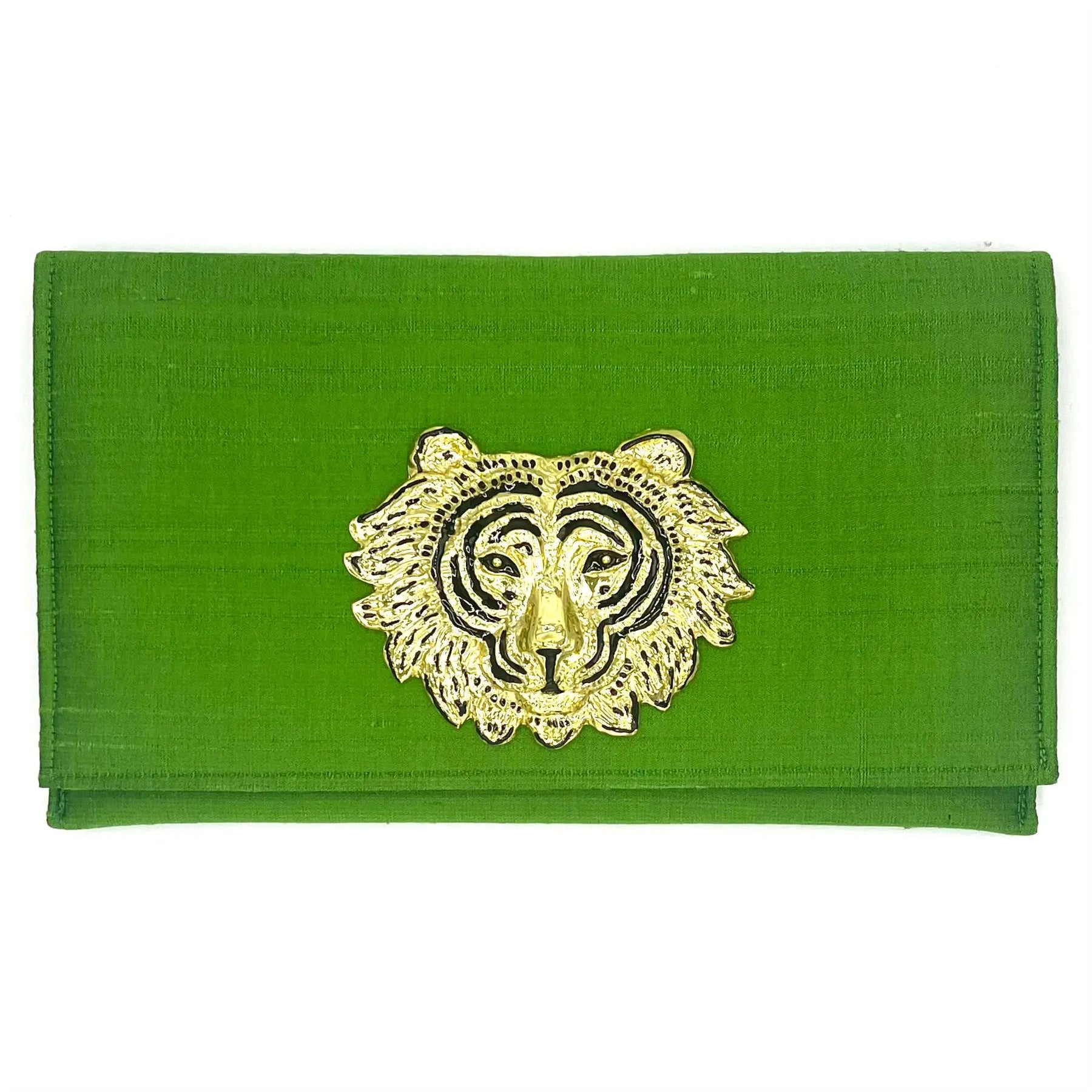 Green silk clutch with gold tiger face emblem