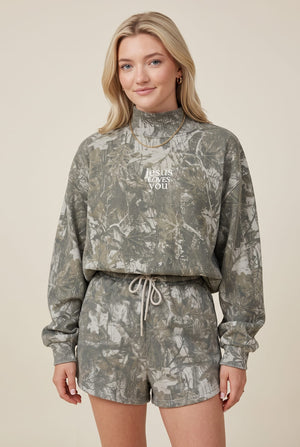 PREORDER ITEM (Estimated ship date 11/10) JESUS LOVES MINI Vintage Camo Mock Neck Sweatshirt