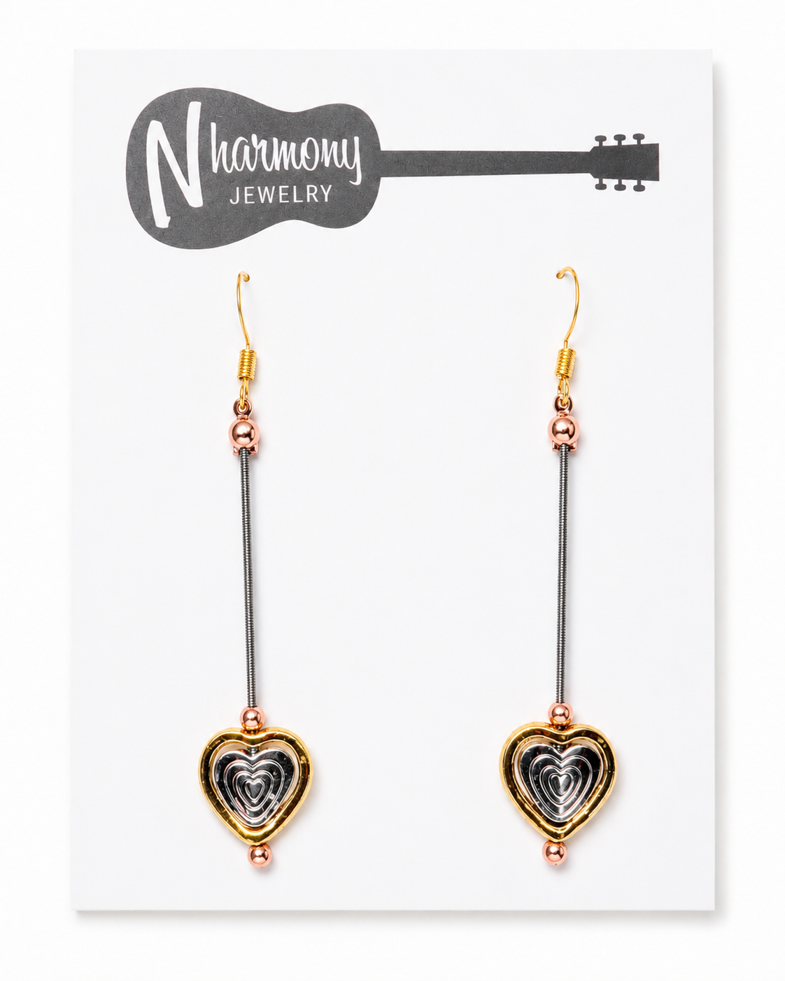Tri Colored Guitar String Heart Earrings by N Harmony Jewelry, handmade jewelry detail photo 3