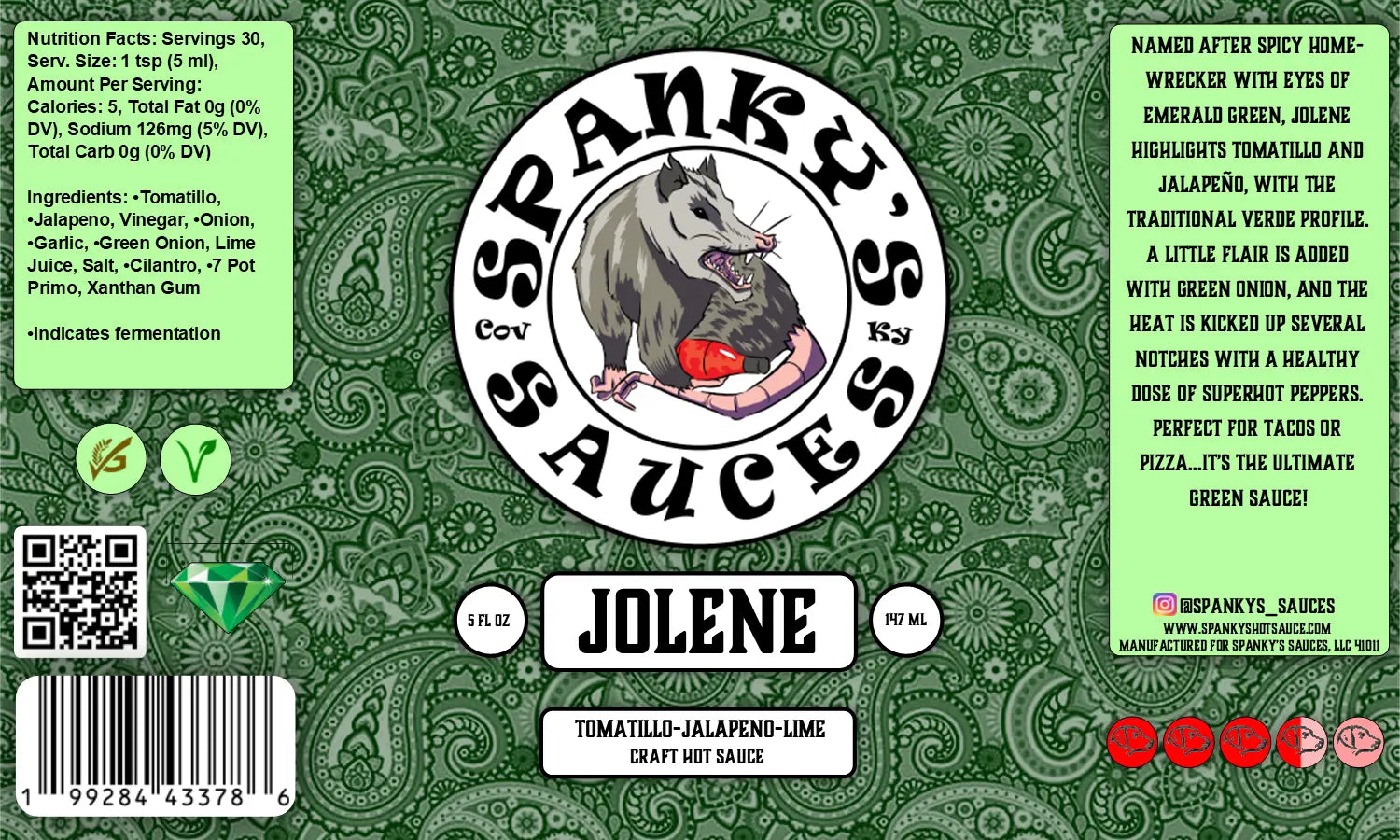 Spanky's Jolene tomatillo jalapeño craft hot sauce bottle 5 FL OZ.