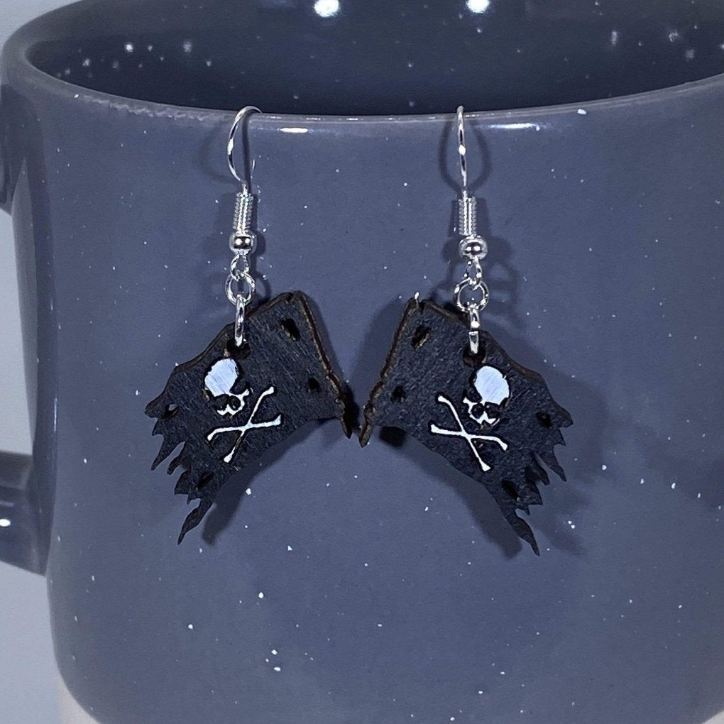 Jolly Roger Pirate Wooden Earrings | Skull Crossbones Jewelry