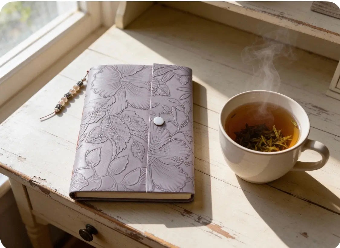 Closed lilac journal with embossed floral design, beaded tassel, and a cup of tea on a wooden table.