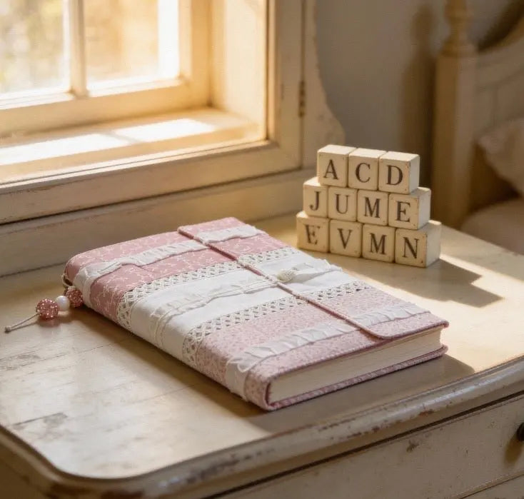 Handmade journal with pink floral fabric, white lace, button closure, and pink beaded tassel on a wooden table near alphabet blocks.