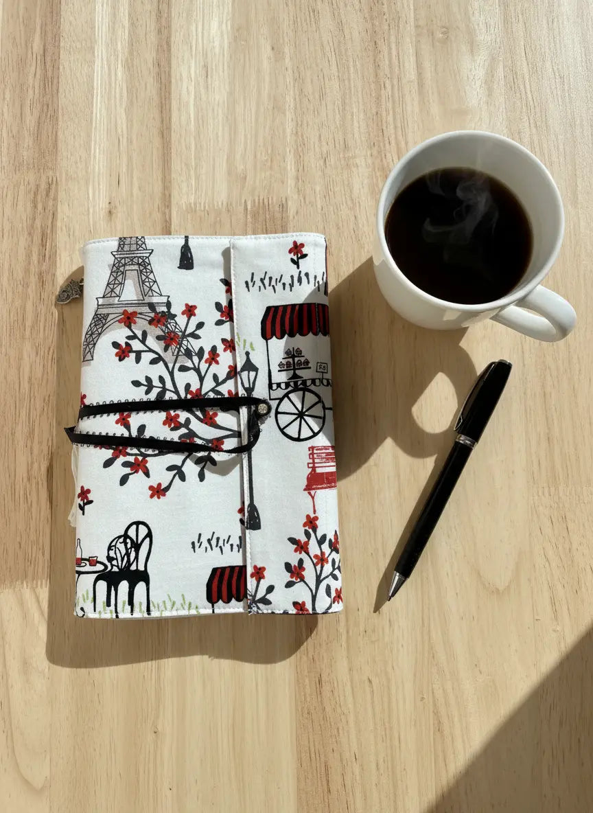 Hand sewn journal with a Paris themed fabric cover featuring the Eiffel Tower, a street cafe and red flowers with black elastic closure.