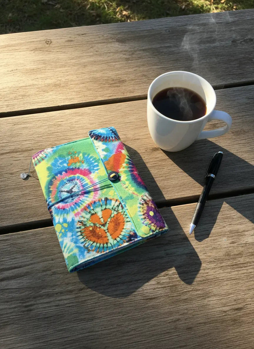 Handmade journal with tie-dye cover, coffee mug, and pen on a wood table.