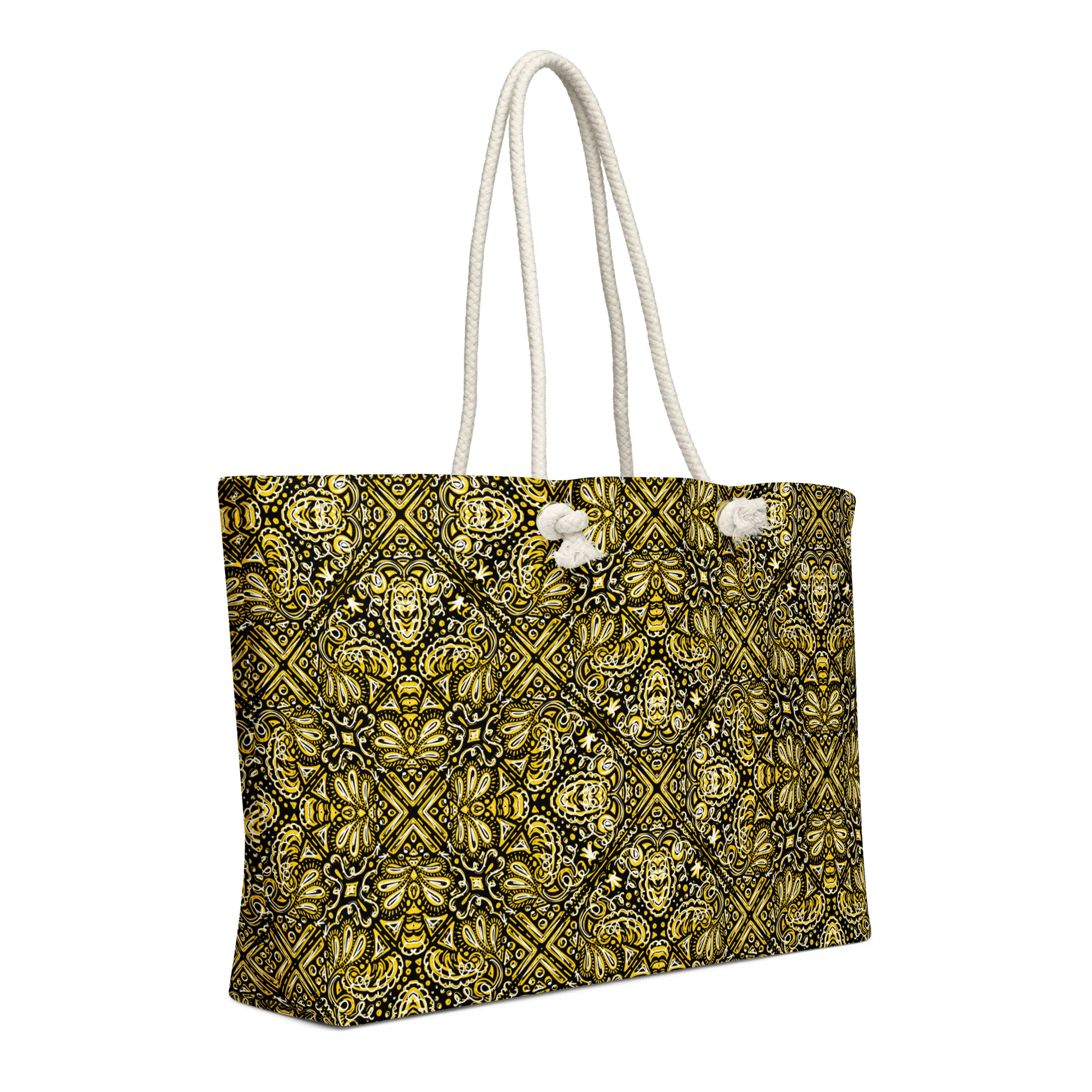 Jubilee Art Black & Gold Weekender Bag: Hand-drawn design by Leslie Gonce. Oversized tote with rope handles for stylish travel.