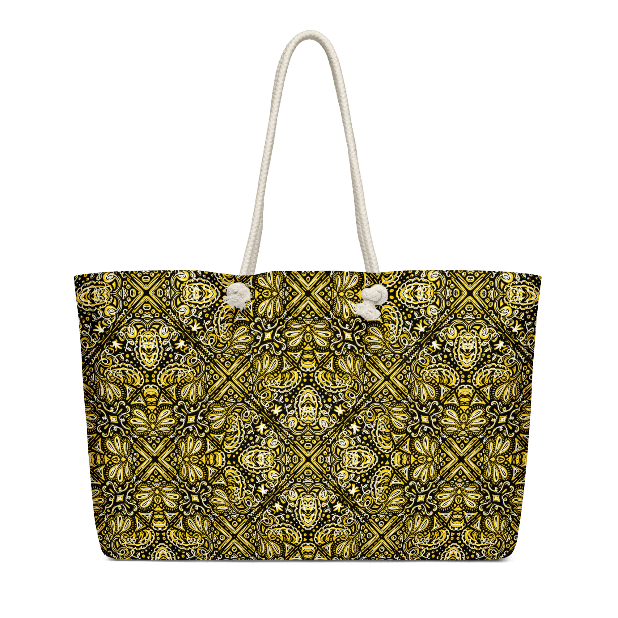 Jubilee Art Weekender Bag: Black & Gold Paisley Tote with Rope Handles, Hand-drawn by Leslie Gonce