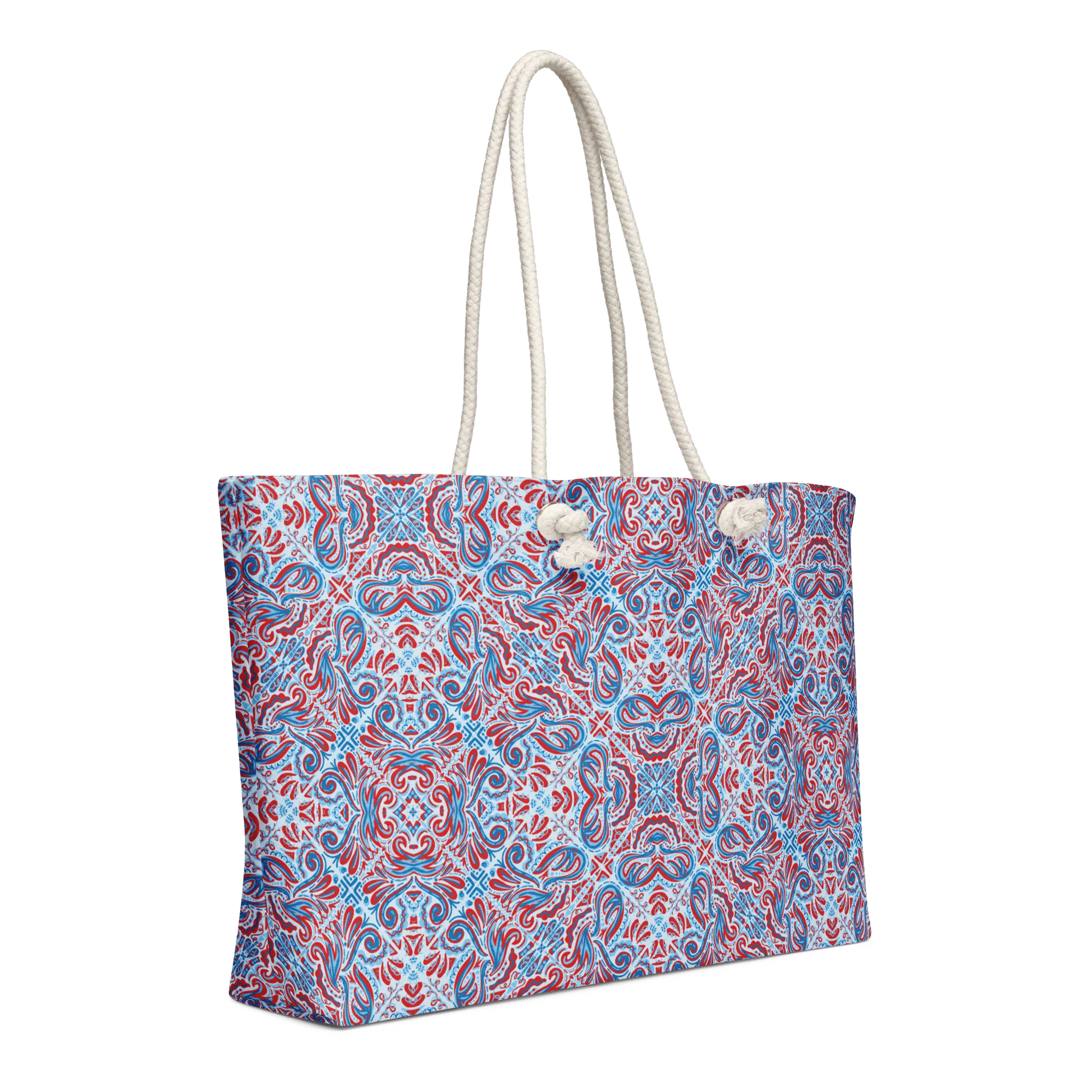 Jubilee Art Weekender Bag - Oversized Tote with Rope Handles. Red & Blue Design by Leslie Gonce. Main Street Collective.