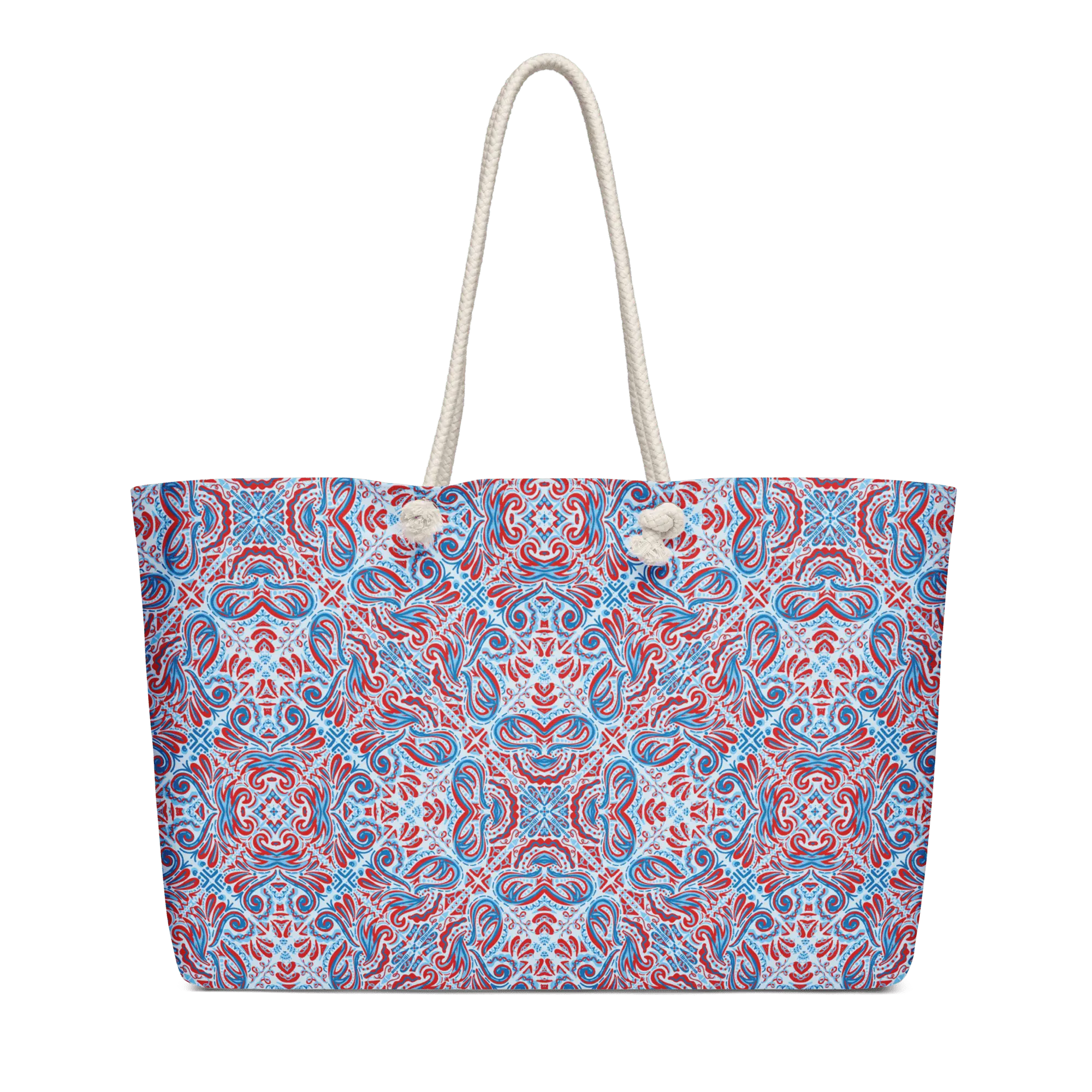 Red & Blue Art Bag by Leslie Gonce: Oversized Weekender with Rope Handles - Mississippi Artist Design