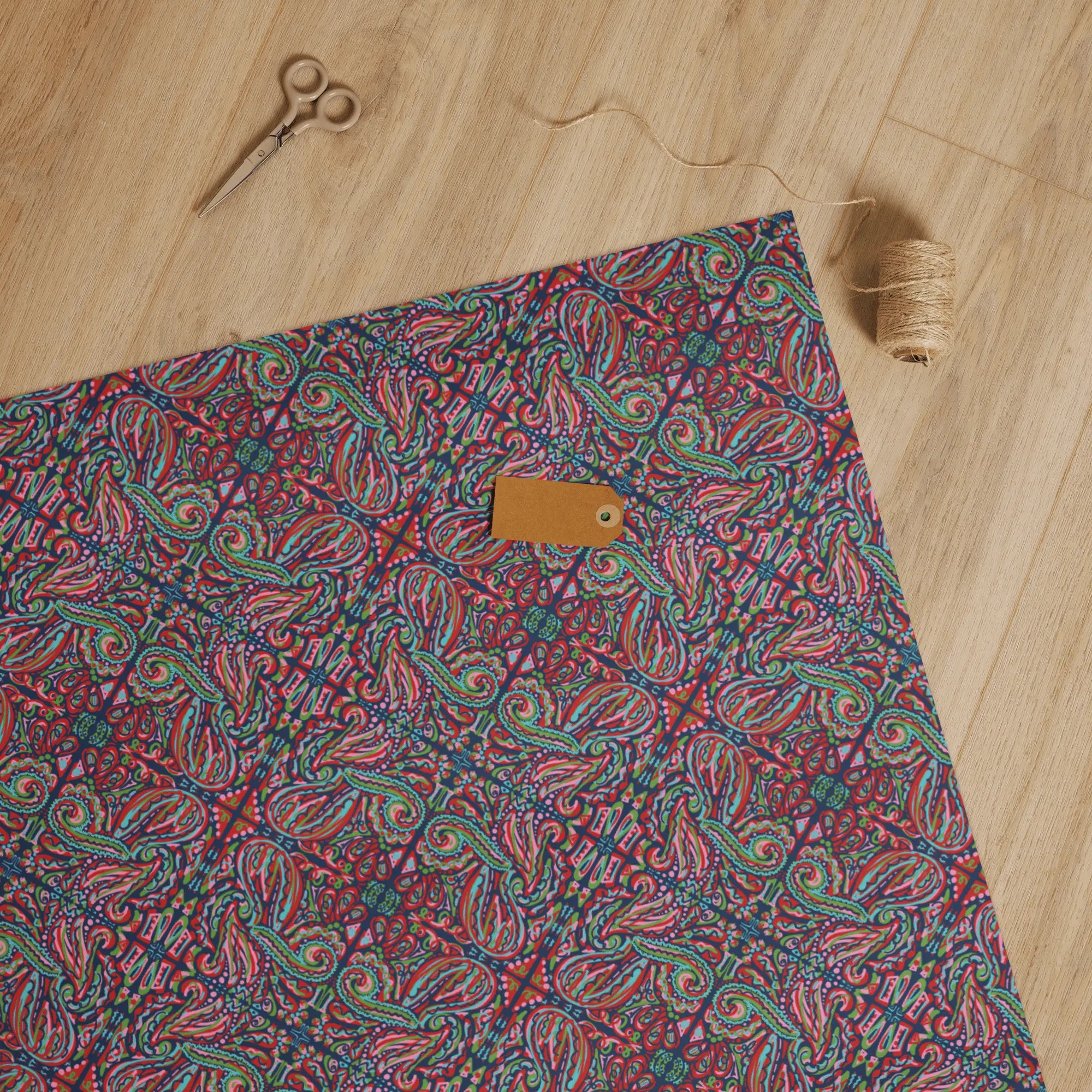 JUBILEE FESTIVE Art Wrapping Paper by Main Street Collective with scissors, twine, and tag. Colorful Jubilee wrapping paper.