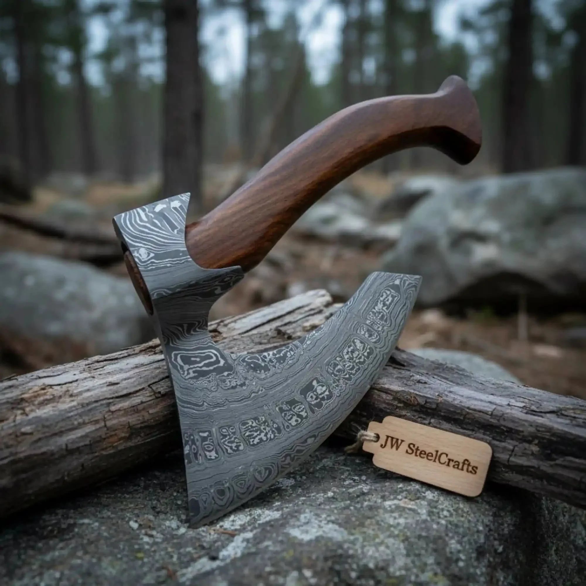 Compact Damascus Camping Hatchet with 14” Rosewood Handle by JW SteelCrafts, Southern lifestyle apparel main product photo