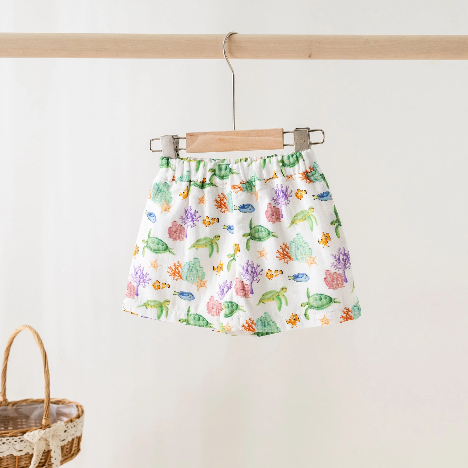 Just Keep Swimming Organic Muslin Shorts by Nola Tawk, children's boutique clothing main product photo