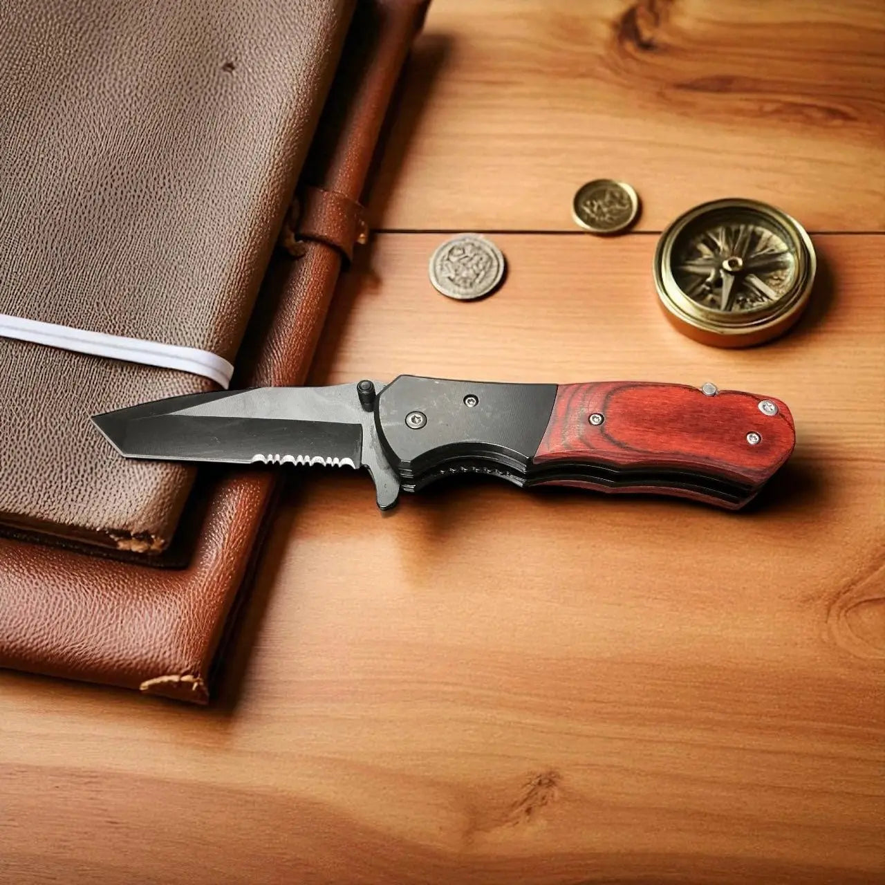 Main Street Collective: Customizable Pocket Knife with Wood Handle, Compass, Journal, and Coins on Wooden Surface