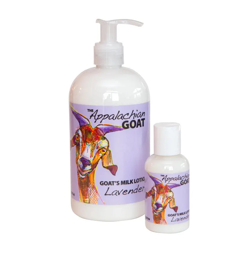 Two bottles of lavender goat milk lotion with a goat illustration