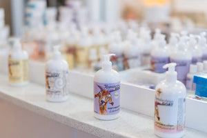 The Appalachian Goat lavender goat's milk lotion bottles on display.