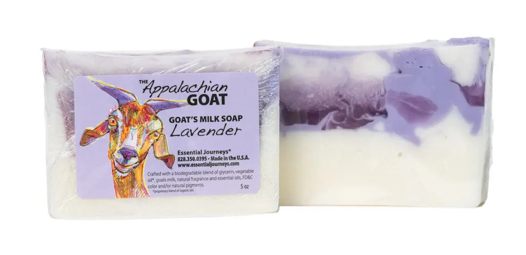 Lavender goat milk soap slice with purple swirls and a colorful goat illustration label.