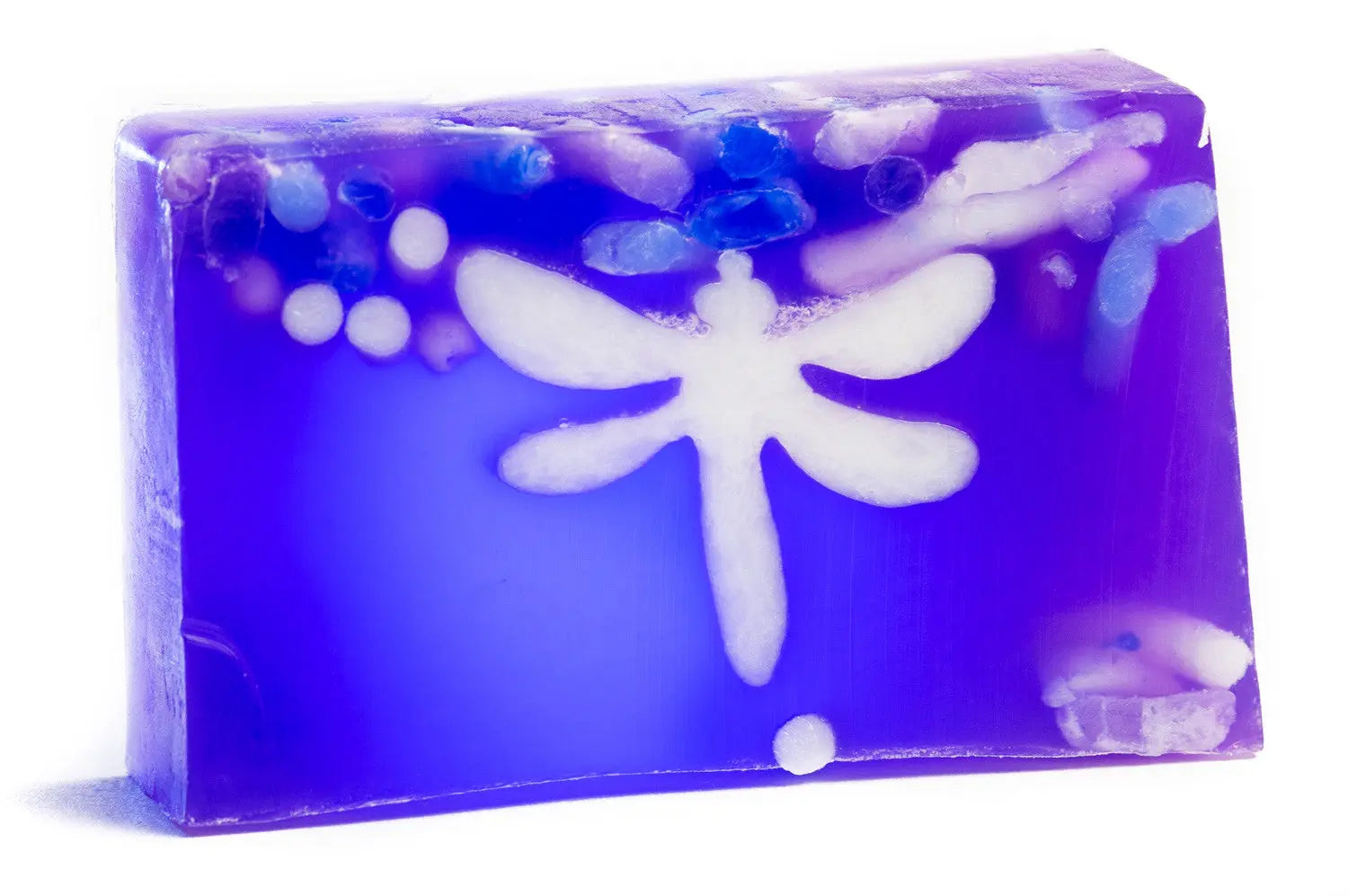 Purple bar soap with a white dragonfly design and visible botanical elements and blue accents.