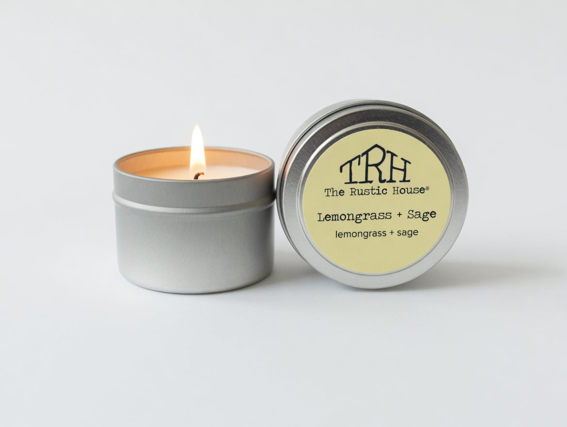 Lemongrass + Sage Travel Tin by The Rustic House, scented candle detail photo 3