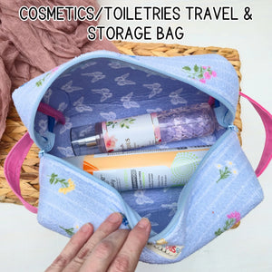 Large Floral Cosmetic Bag, Toiletry Travel Bag, Boxy Makeup Organizer, Zipper Pouch, Blue Floral Makeup Case by Maypop House Designs, natural skincare detail photo 4