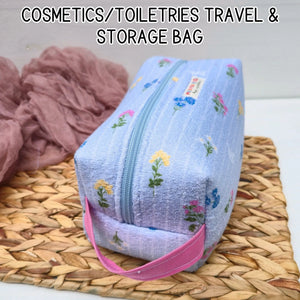 Large Floral Cosmetic Bag, Toiletry Travel Bag, Boxy Makeup Organizer, Zipper Pouch, Blue Floral Makeup Case by Maypop House Designs, natural skincare detail photo 5