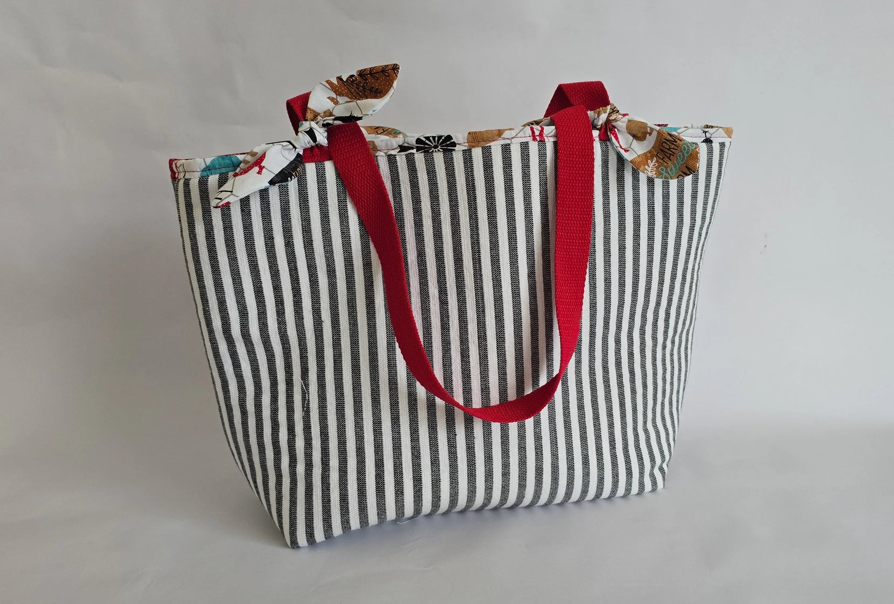 Large Handmade Tote Bag – Black and White Striped Market Tote with Red Straps, Reusable Everyday Shoulder Bag for Women by Maypop House Designs, handmade leather goods main