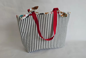 Large Handmade Tote Bag – Black and White Striped Market Tote with Red Straps, Reusable Everyday Shoulder Bag for Women by Maypop House Designs, handmade leather goods main