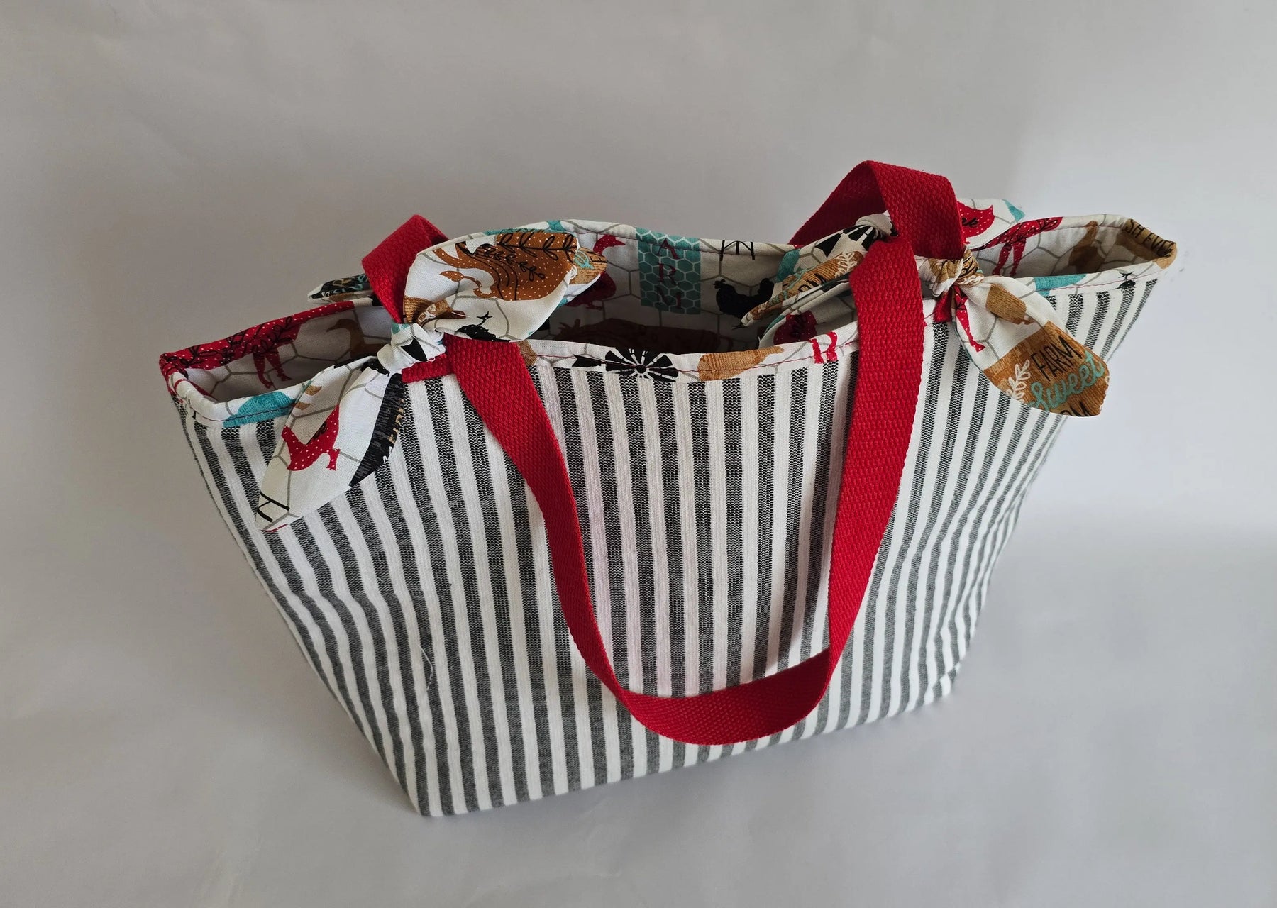 Large Handmade Tote Bag – Black and White Striped Market Tote with Red Straps, Reusable Everyday Shoulder Bag for Women by Maypop House Designs, handmade leather goods detail