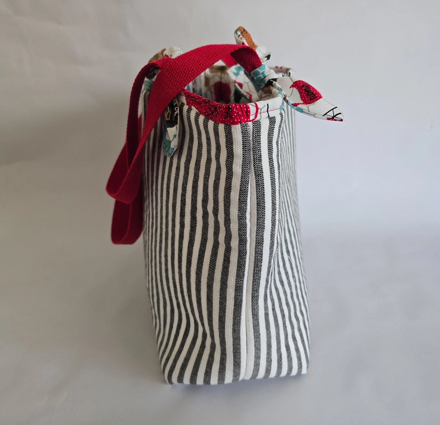 Large Handmade Tote Bag – Black and White Striped Market Tote with Red Straps, Reusable Everyday Shoulder Bag for Women by Maypop House Designs, handmade leather goods detail