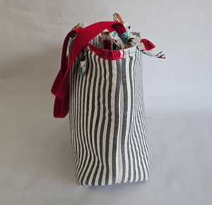 Large Handmade Tote Bag – Black and White Striped Market Tote with Red Straps, Reusable Everyday Shoulder Bag for Women by Maypop House Designs, handmade leather goods detail