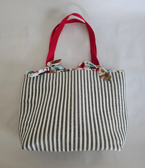 Large Handmade Tote Bag – Black and White Striped Market Tote with Red Straps, Reusable Everyday Shoulder Bag for Women by Maypop House Designs, handmade leather goods detail