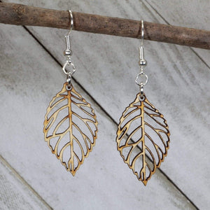 Leaf Cutout Wooden Dangle Earrings | Nature Jewelry detail view by Cate's Concepts, LLC